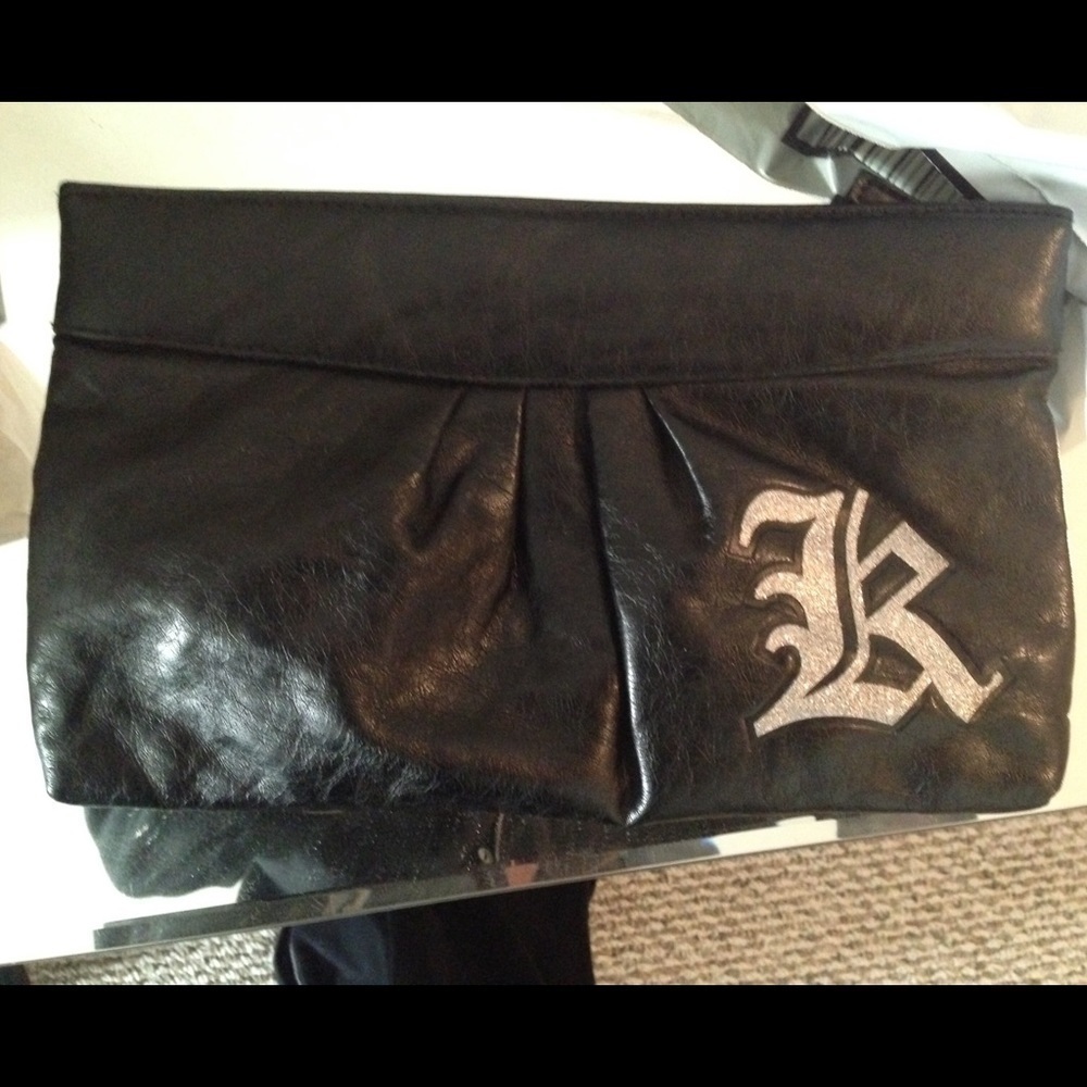 “K" Clutch Black Faux Leather w/ Wrist Strap Initial Y2K